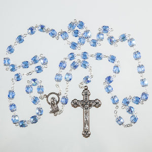 Large Carved Glass Blue Rosary Beads